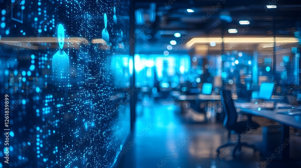 Close up view of holographic figures participating in a digital office meeting with a blurred corporate workspace scene in the background showcasing futuristic communication technology Close up view of holographic figures participating in a digital office meeting with a blurred corporate workspace scene in the background showcasing futuristic communication technology