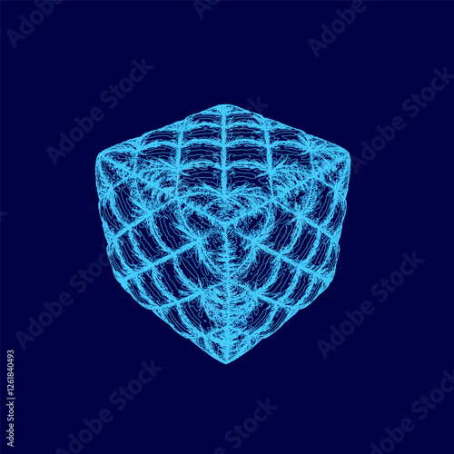 A blue pouf with a pattern on it is displayed on a blue background. The pouf is made up of small squares and triangles, creating a visually interesting design. The blue color of the pouf