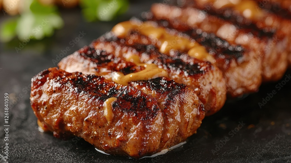 Grilled steak with a rich, smoky flavor, garnished with a drizzle of sauce, and featuring a perfect sear on a dark stone plate. Grilled steak with a rich, smoky flavor, garnished with a drizzle of sauce, and featuring a perfect sear on a dark stone plate.