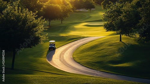 Golf cart on a scenic path through a lush green golf course