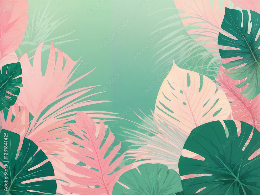 Fototapeta premium Abstract glow Light pink and green background in soothing colors with tropical leaves, lines and shapes illustration background