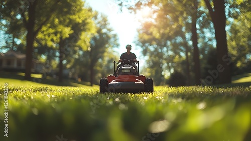 A skilled lawn care worker piloting a large commercial mower through a picturesque landscape, a gentle breeze shifting the tall trees in the background, rich shadows cast by the late afternoon sun,