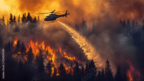 Helicopter firefighting in forest wildfire (3) photo