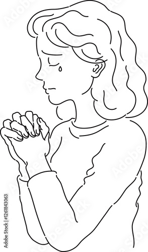 両手を組んで涙を流しながら祈っている女性のイラスト