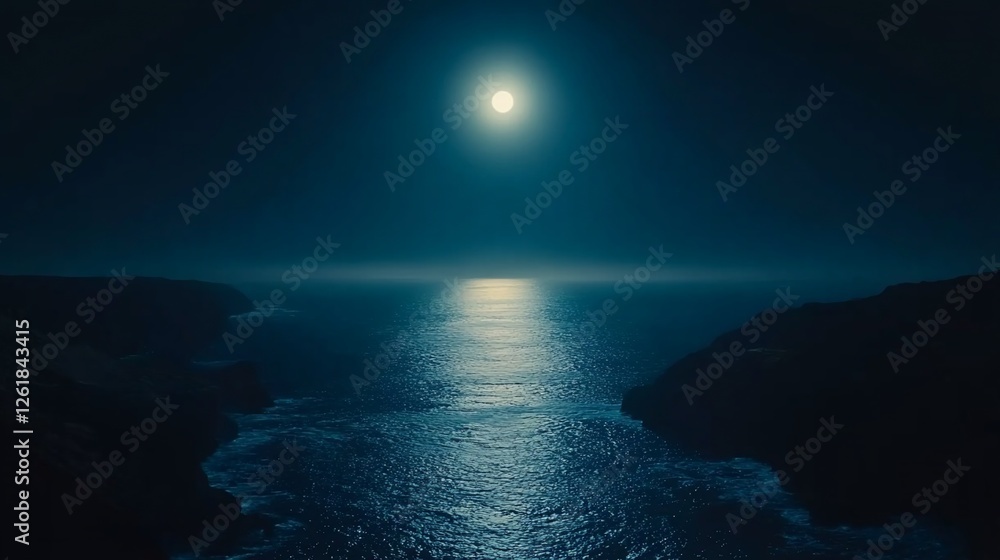 Fototapeta premium Moonlit ocean cove, cliffs, night, serene, travel