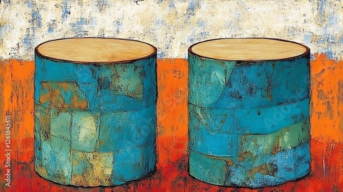 Rustic Blue Barrels Vibrant Abstract Painting. AI Generated photo