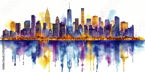Stunning Watercolor New York City Skyline with Vibrant Colors, Iconic Skyscrapers, and Reflective Water Scene - Perfect Urban Art for Home and Office Decor