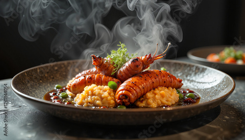 Exquisite witchetty grub presented beautifully in urban kitchen, culinary artistry photo