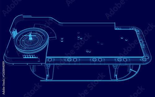 A blue drawing of a roulette table with a blue background. The table is shown in a 3D perspective