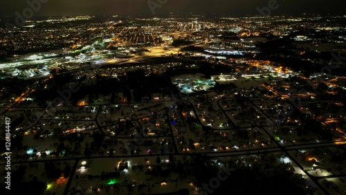 drone shot of downtown canton ohio on a chilly December night