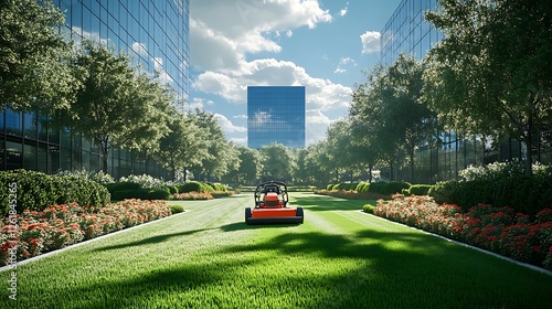 A well-manicured business park lawn being trimmed by a landscaper, the commercial mower gliding effortlessly, tall glass office towers reflecting the sky,