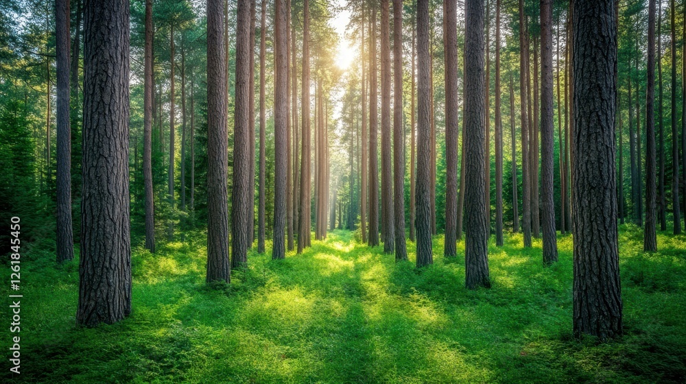Obraz premium Sunlit Pine Forest Path: A sunbeam pierces the dense canopy of a pine forest, illuminating a path that winds through lush green undergrowth. The scene evokes tranquility and the serenity of nature.