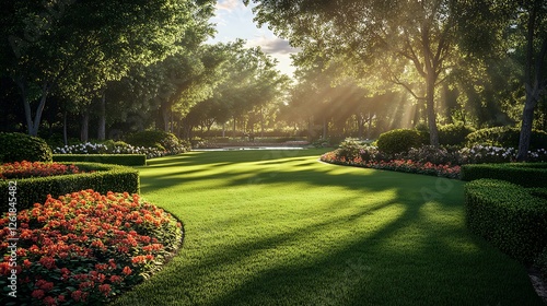Fototapeta Naklejka Na Ścianę i Meble -  A well-manicured estate lawn being maintained by a landscaper, the expansive green space framed by carefully sculpted hedges, a shimmering pond reflecting the sunlight,