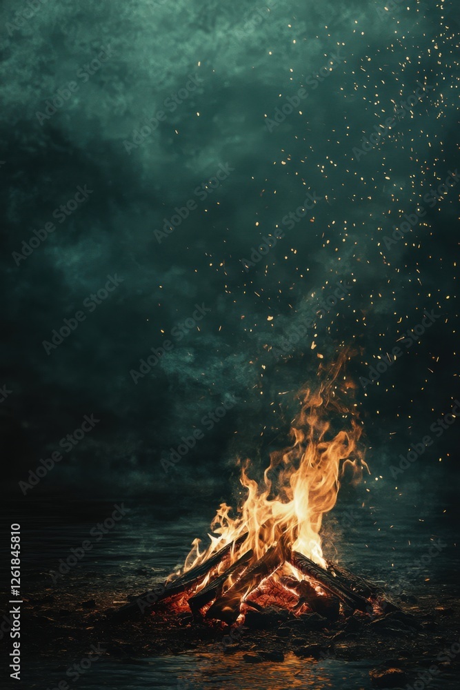 Naklejka premium Night Bonfire by the Lake: Embers and Sparks Dance in the Dark