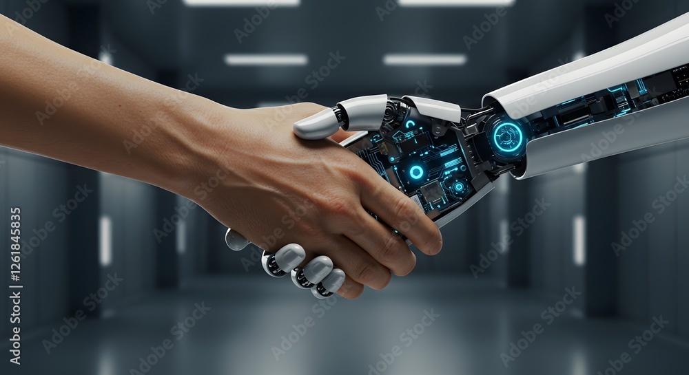 Handshake Between Human and Robot in Futuristic Setting Symbolizes Collaboration Handshake Between Human and Robot in Futuristic Setting Symbolizes Collaboration