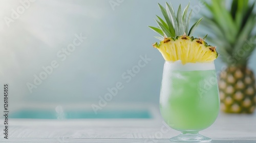 Tropical Delight: A refreshing green cocktail garnished with a pineapple wedge and leaves, invitingly placed in a cool blue setting, ready to quench your thirst on a hot summer day.   photo