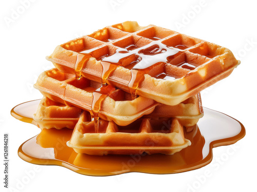 Golden crispy waffles drenched in sweet syrup, isolated on white background