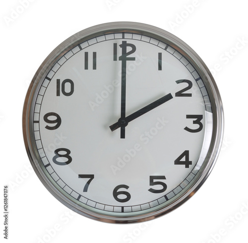 Wall hanging analog clock with white face and black number in classic vintage design which clock arm at 2 o'clock. Background isolated cutout in transparent background.