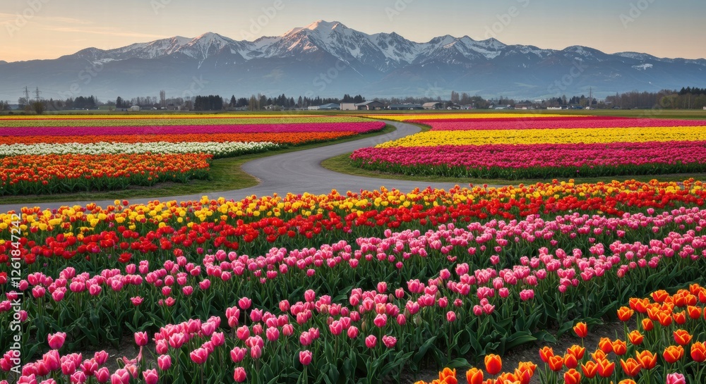 Beautiful and colorful flower garden landscape photo with Mount Fuji in the background Beautiful and colorful flower garden landscape photo with Mount Fuji in the background