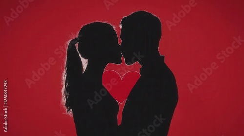 Romantic Silhouette Kissing Couple Red Background