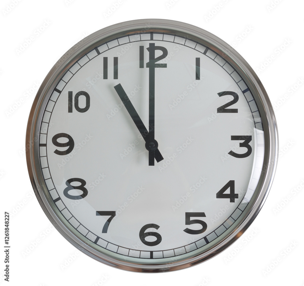 Wall hanging analog clock with white face and black number in classic vintage design which clock arm at 11 o'clock. Background isolated cutout in transparent background. Wall hanging analog clock with white face and black number in classic vintage design which clock arm at 11 o'clock. Background isolated cutout in transparent background.