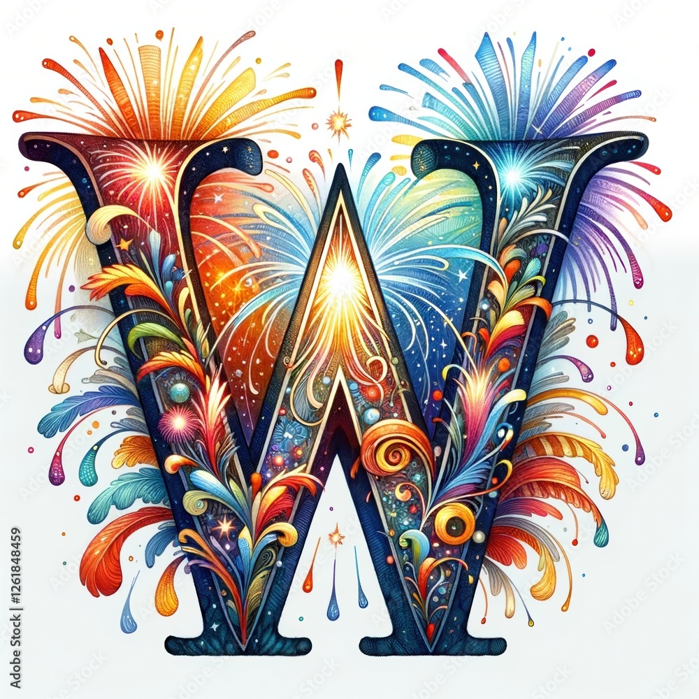 Fototapeta premium Letter W in Festive Fireworks: An ornate, calligraphic letter W explodes with vibrant fireworks.