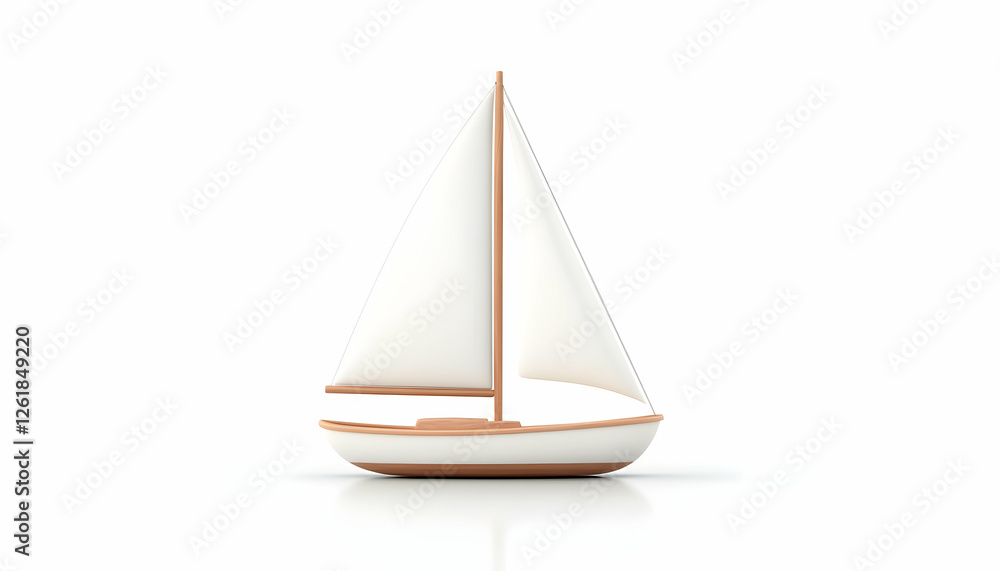 Small toy sailboat sailing on a white background, representing summer vacation. Generative AI Small toy sailboat sailing on a white background, representing summer vacation. Generative AI