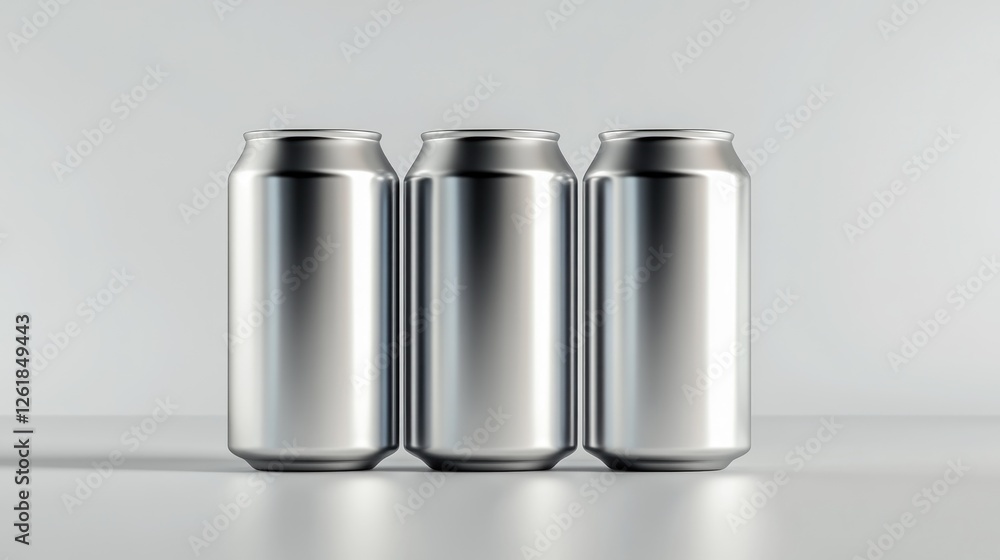 Three Empty Silver Aluminum Beverage Cans on a Light Gray Surface. Possible Use Mockup for product design Three Empty Silver Aluminum Beverage Cans on a Light Gray Surface. Possible Use Mockup for product design