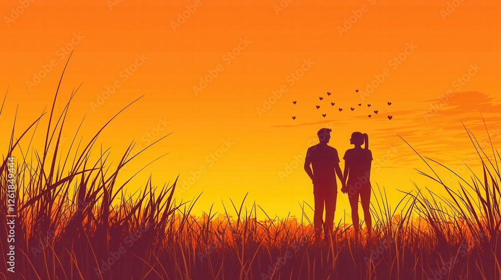 Fototapeta premium Silhouette Couple Sunset Field Pixel Art