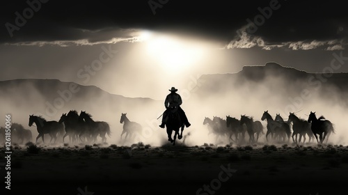 cowboy skiing black and white photo