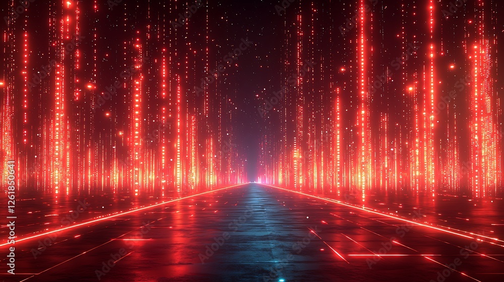 Red digital rain, futuristic road, glowing path, abstract background, tech concept Red digital rain, futuristic road, glowing path, abstract background, tech concept