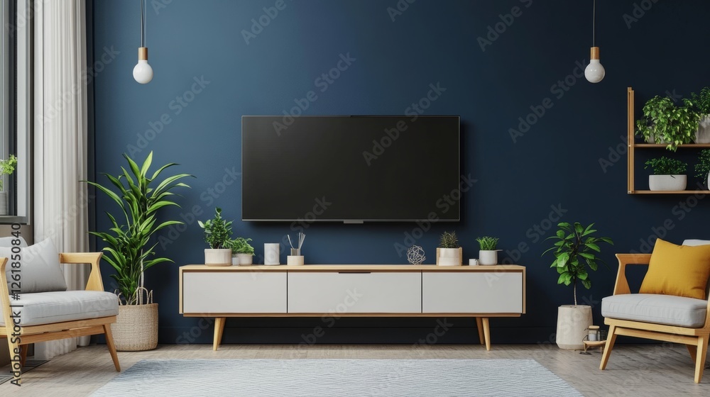 Cozy Living Room with Modern TV Cabinet and Lush Greenery Cozy Living Room with Modern TV Cabinet and Lush Greenery
