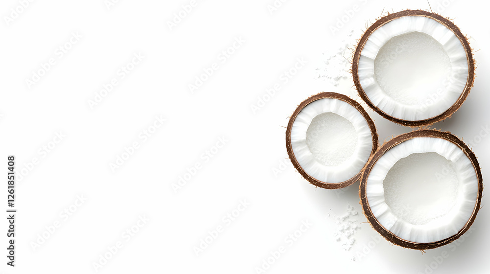 Three split Coconuts isolated, on white background. Commercial or editorial use. Generative AI Three split Coconuts isolated, on white background. Commercial or editorial use. Generative AI