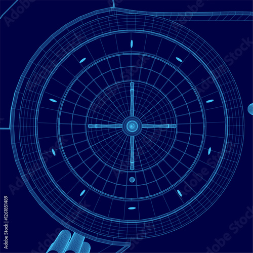 A blue drawing of a roulette table with a blue background. The table is shown in a top view
