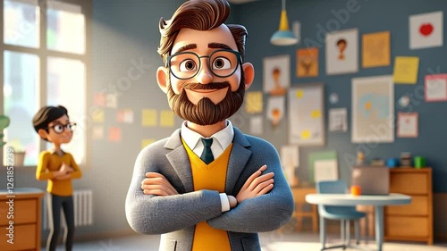 Confident Cartoon Teacher: A friendly, approachable cartoon teacher with a warm smile and stylish glasses stands confidently in his classroom, arms crossed.