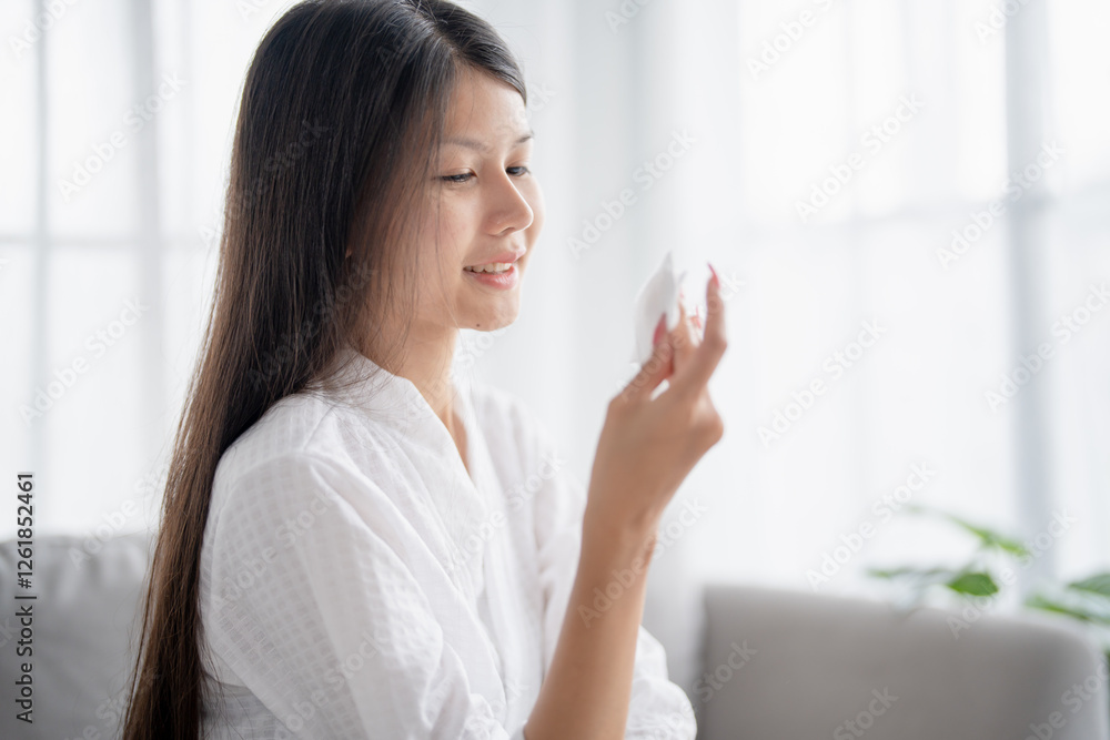 Daily beauty routine Asian woman.with clean skin uses micellar water to remove makeup Daily beauty routine Asian woman.with clean skin uses micellar water to remove makeup