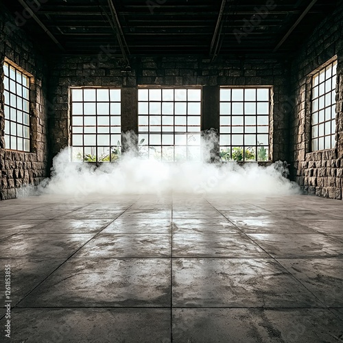 Abandoned Industrial Building Interior with Fog