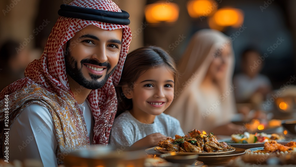 A smiling Emirati father with his two daughters enjoying a festive iftar meal in a beautifully lit restaurant, warm ambiance, delicious Middle Eastern cuisine, and a moment of love and happiness. A smiling Emirati father with his two daughters enjoying a festive iftar meal in a beautifully lit restaurant, warm ambiance, delicious Middle Eastern cuisine, and a moment of love and happiness.