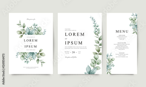 Wedding invitation template set arranged with beautiful green leaves