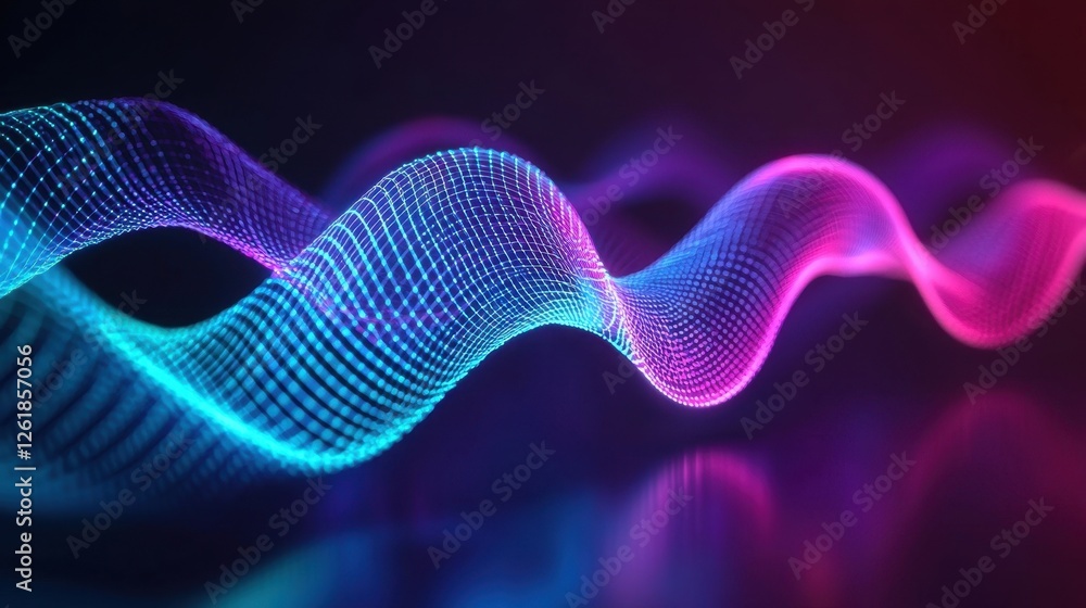 Fototapeta premium A vibrant, abstract visualization of sound waves, featuring flowing lines in blue and pink against a dark background, suggesting rhythm and energy.