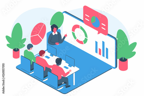 A professional presentation scene featuring a speaker addressing an audience with charts and graphs displayed on a screen.