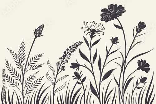 A silhouette of various wildflowers and grasses against a light background, showcasing nature's beauty and diversity in a minimalist style.