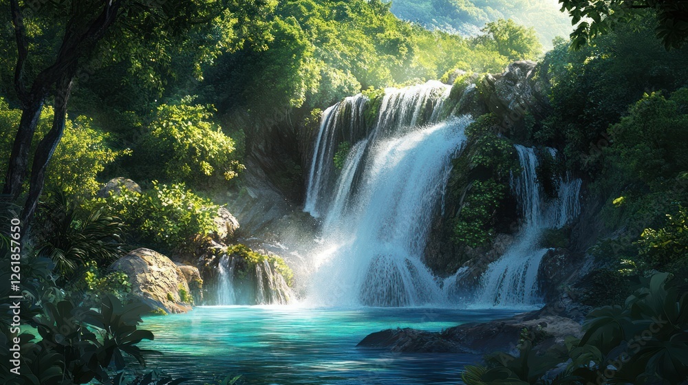Fototapeta premium Lush jungle waterfall cascades into turquoise pool; sunlit background, travel brochure