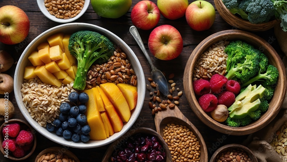 Fresh and Vibrant Plant-Based Meal with Fruits, Vegetables, and Whole Grains Fresh and Vibrant Plant-Based Meal with Fruits, Vegetables, and Whole Grains