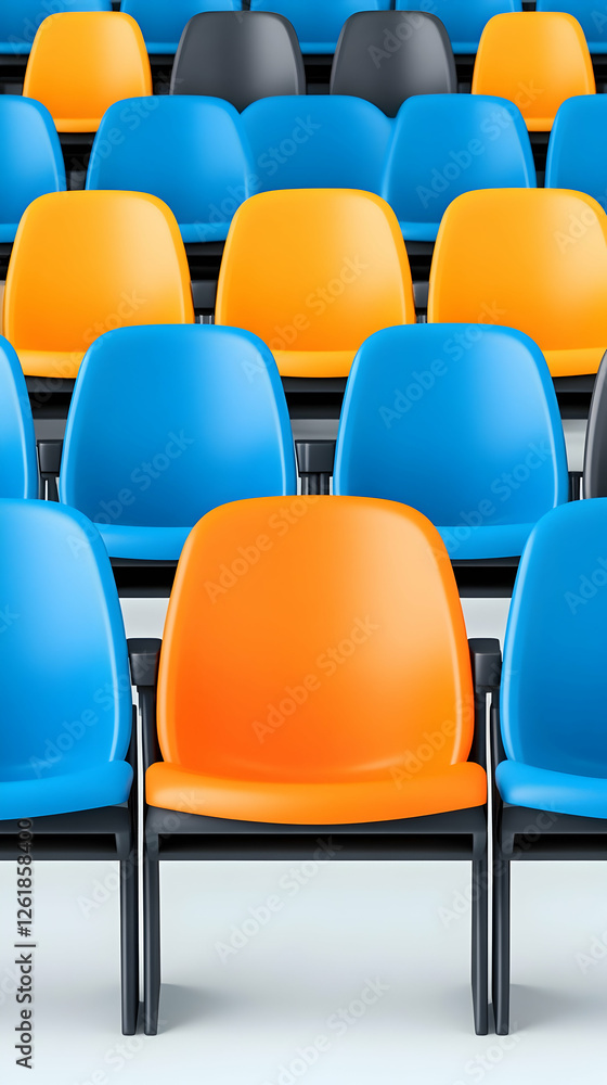 Naklejka premium Colorful empty stadium seats, audience waiting, concept of events or presentation. Generative AI