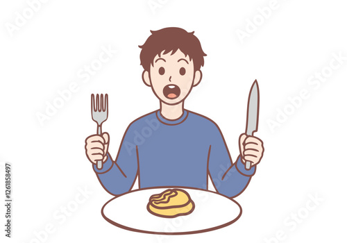  Young hungry man cartoon character with knife and fork in hands standing feeling shocked with tasty meal. Hand drawn style vector design illustrations.