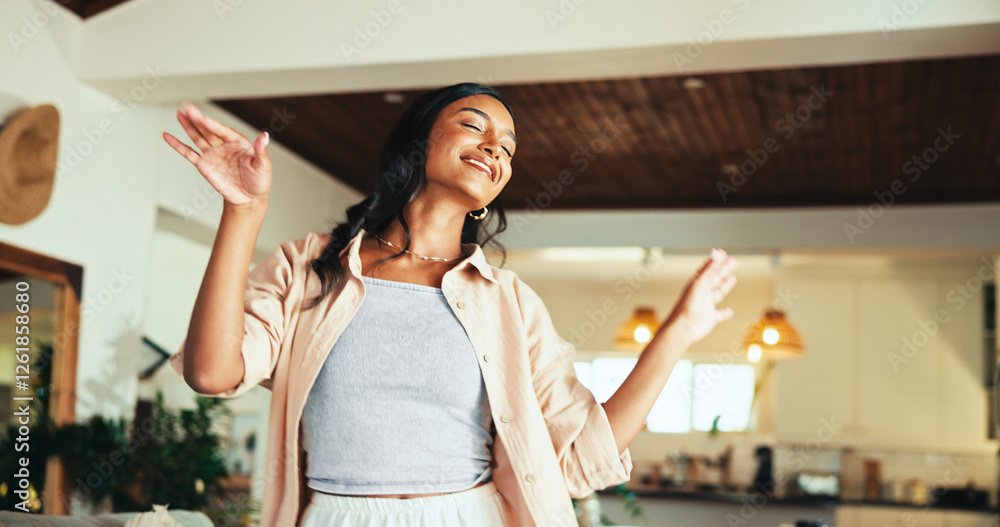 © peopleimages.com - Woman, happy and dancing in home with music, relax and comic in living room with memory in morning. Person, girl and smile with rhythm, excited and talent with joke, crazy and playful at apartment © peopleimages.com - Woman, happy and dancing in home with music, relax and comic in living room with memory in morning. Person, girl and smile with rhythm, excited and talent with joke, crazy and playful at apartment