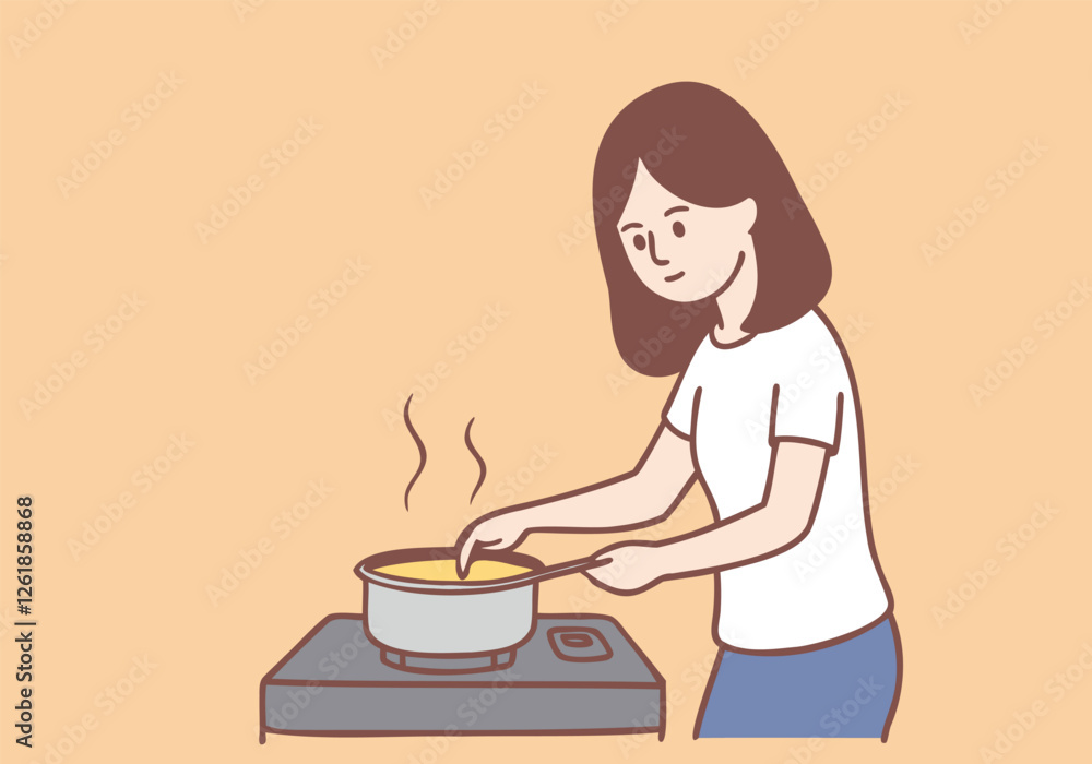 A young girl cooking accidentally tries to grab a hot pot on the gas stove. Cooking. Hand drawn style vector design illustrations. A young girl cooking accidentally tries to grab a hot pot on the gas stove. Cooking. Hand drawn style vector design illustrations.