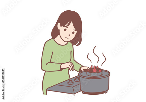 A young girl cooking accidentally tries to grab a hot pot on the gas stove. Cooking. Hand drawn style vector design illustrations.