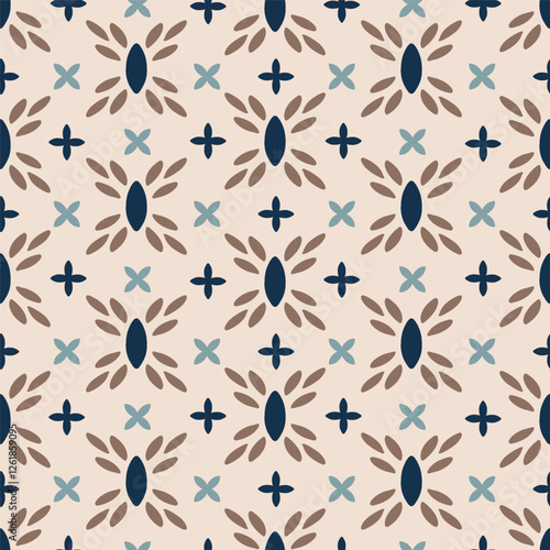 Star shapes made with flower petals as beautiful geometric pattern in color palette of navy blue, sky blue and light brown on cream background. Floral star seamless vector pattern. Great for homedecor